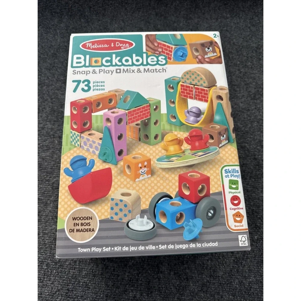 Melissa & Doug Blockables Snap & Play Town Wooden Building Set 73pc 50279 NEW